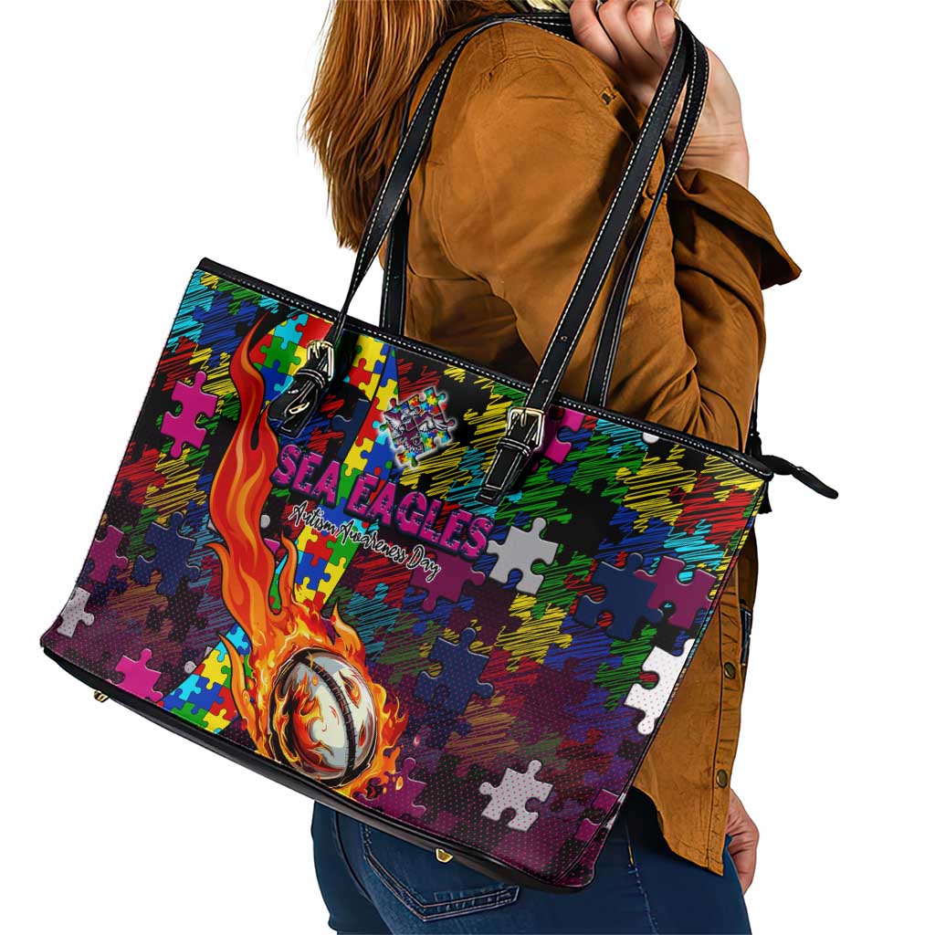 Sea Eagles Autism Awareness Leather Tote Bag Puzzle Flames Rugby Ball