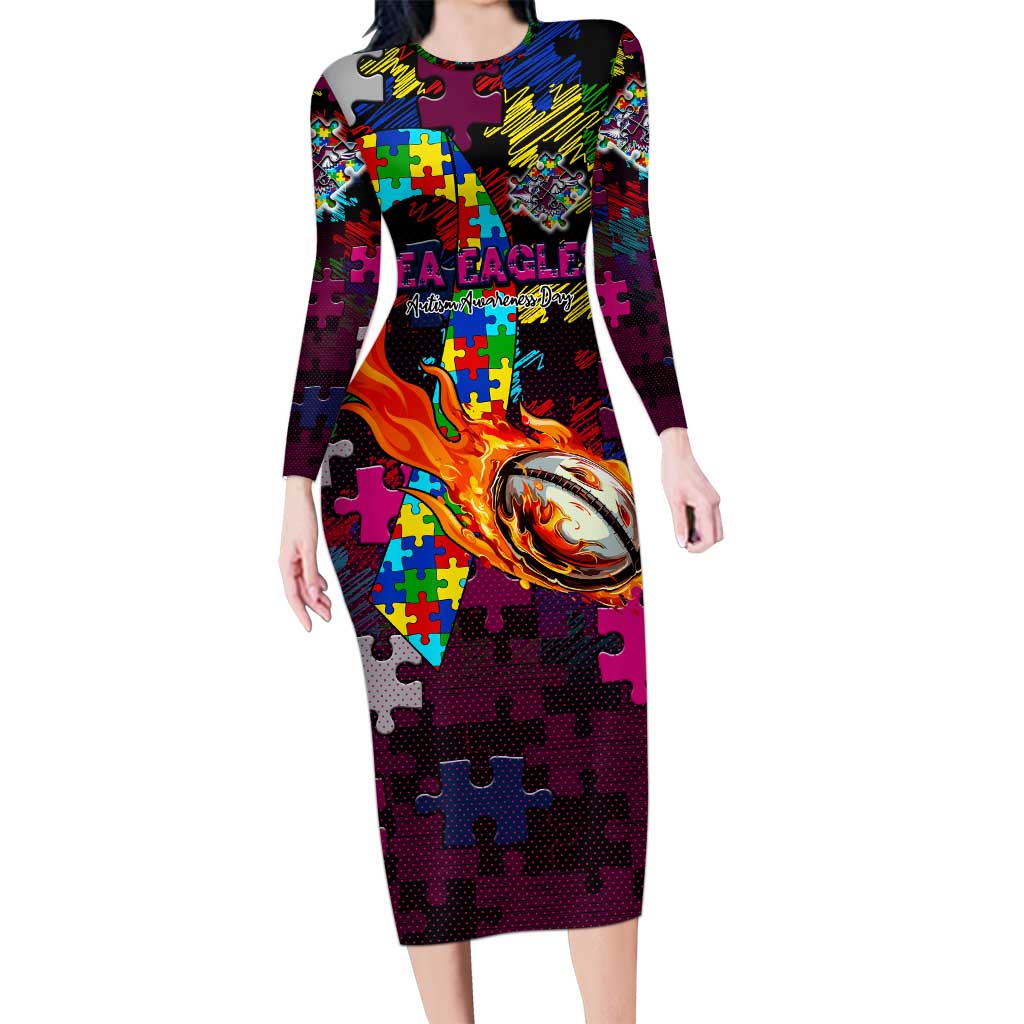 Sea Eagles Autism Awareness Long Sleeve Bodycon Dress Puzzle Flames Rugby Ball