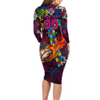 Sea Eagles Autism Awareness Long Sleeve Bodycon Dress Puzzle Flames Rugby Ball