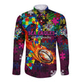 Sea Eagles Autism Awareness Long Sleeve Button Shirt Puzzle Flames Rugby Ball