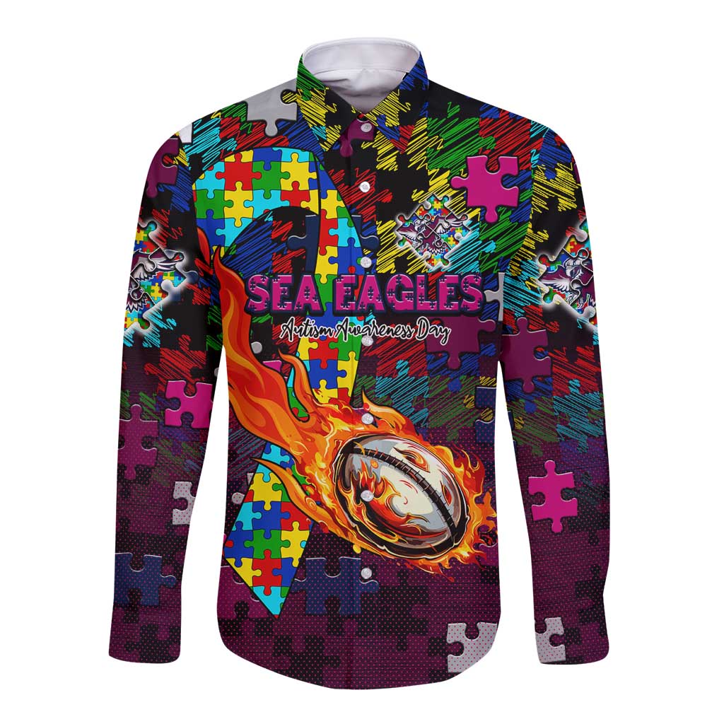 Sea Eagles Autism Awareness Long Sleeve Button Shirt Puzzle Flames Rugby Ball