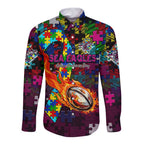 Sea Eagles Autism Awareness Long Sleeve Button Shirt Puzzle Flames Rugby Ball