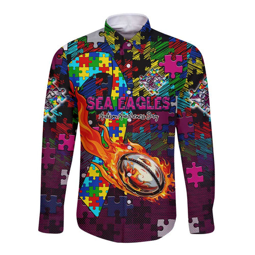 Sea Eagles Autism Awareness Long Sleeve Button Shirt Puzzle Flames Rugby Ball
