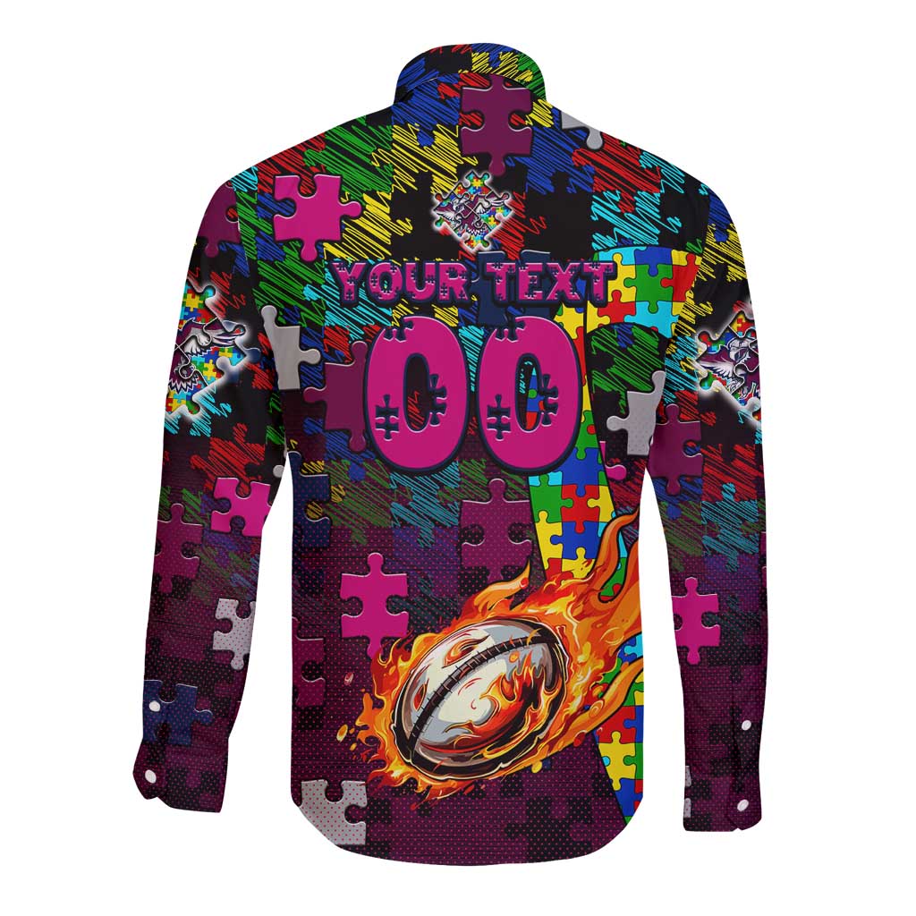 Sea Eagles Autism Awareness Long Sleeve Button Shirt Puzzle Flames Rugby Ball