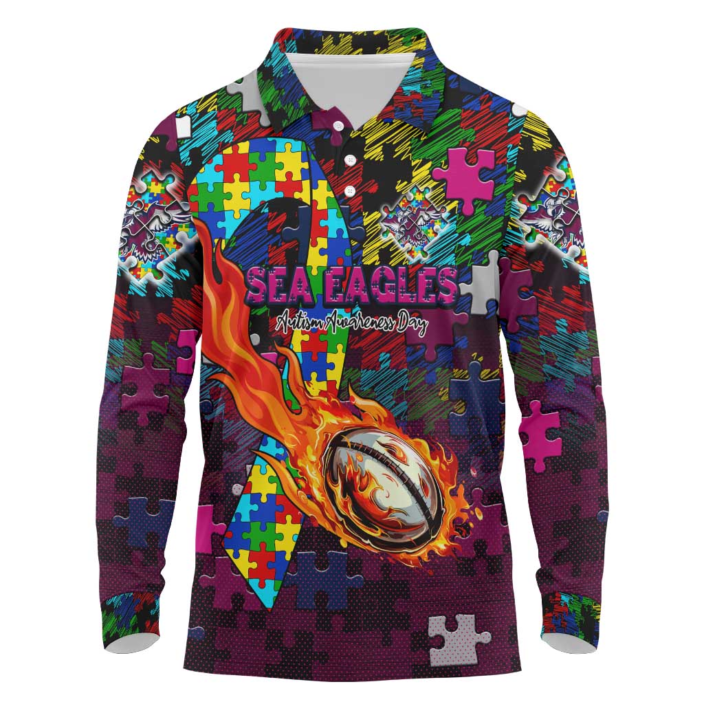 Sea Eagles Autism Awareness Long Sleeve Polo Shirt Puzzle Flames Rugby Ball