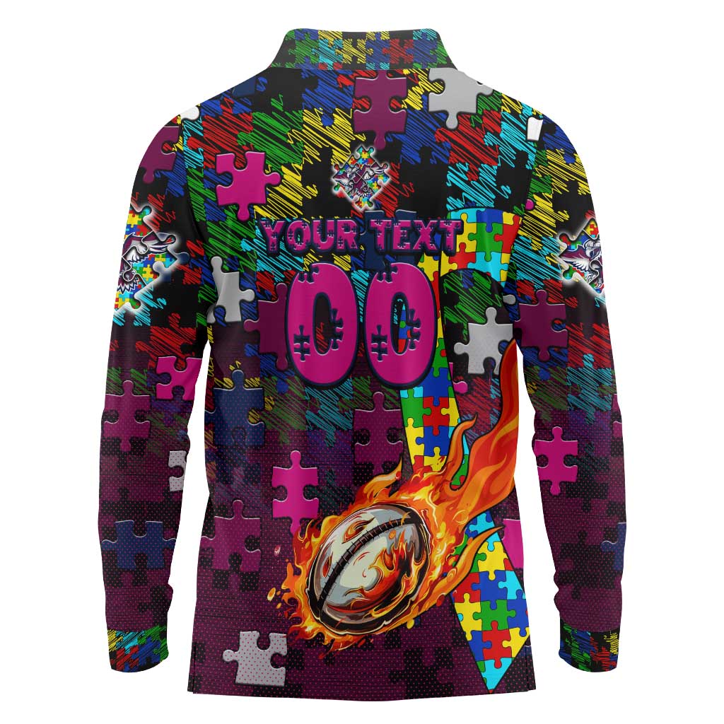 Sea Eagles Autism Awareness Long Sleeve Polo Shirt Puzzle Flames Rugby Ball
