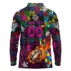 Sea Eagles Autism Awareness Long Sleeve Polo Shirt Puzzle Flames Rugby Ball