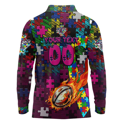 Sea Eagles Autism Awareness Long Sleeve Polo Shirt Puzzle Flames Rugby Ball