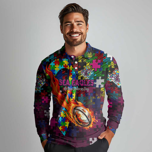 Sea Eagles Autism Awareness Long Sleeve Polo Shirt Puzzle Flames Rugby Ball