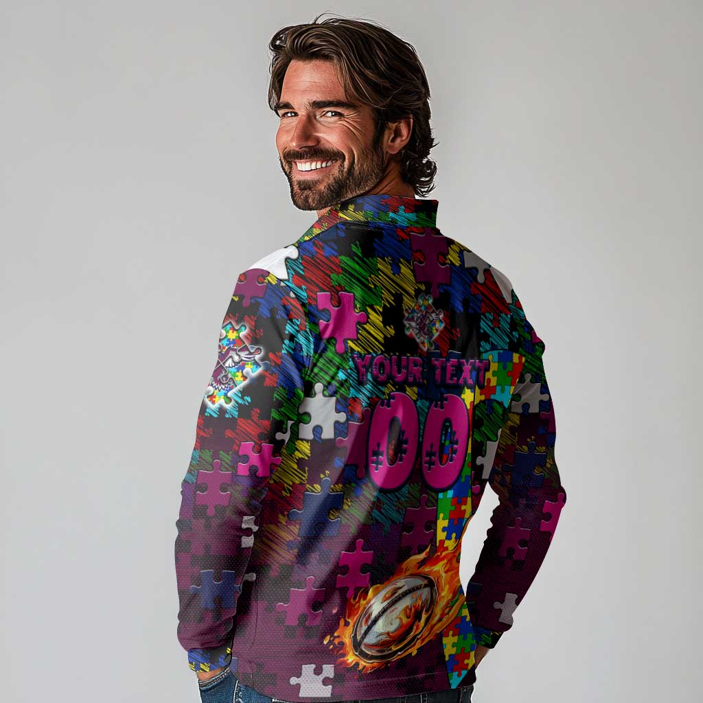 Sea Eagles Autism Awareness Long Sleeve Polo Shirt Puzzle Flames Rugby Ball