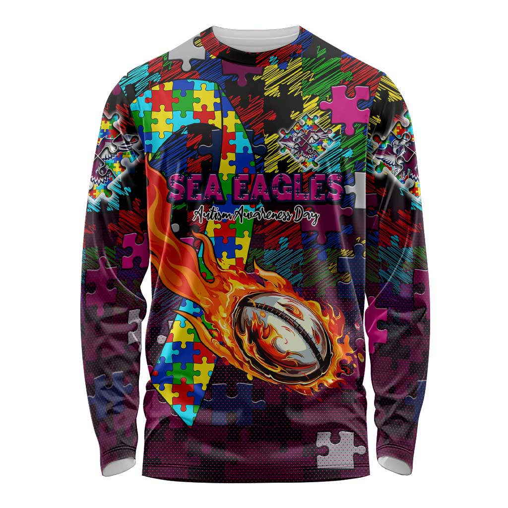 Sea Eagles Autism Awareness Long Sleeve Shirt Puzzle Flames Rugby Ball