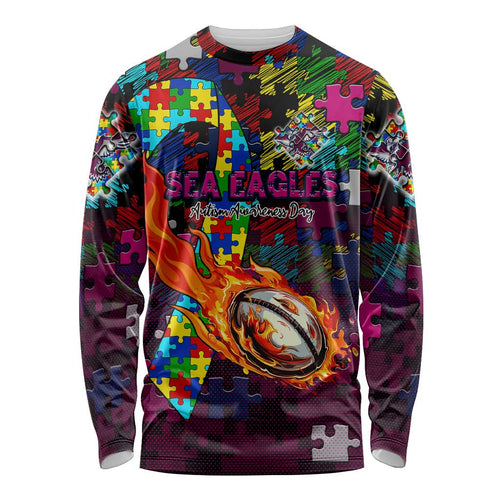 Sea Eagles Autism Awareness Long Sleeve Shirt Puzzle Flames Rugby Ball