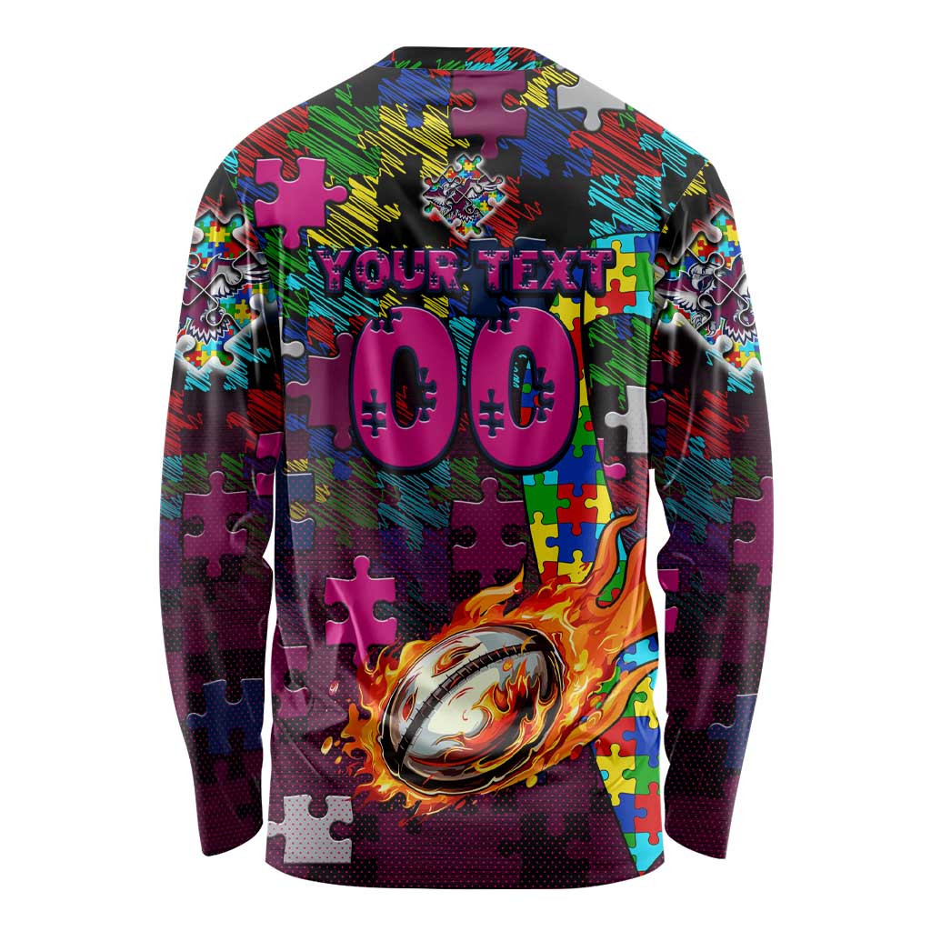 Sea Eagles Autism Awareness Long Sleeve Shirt Puzzle Flames Rugby Ball