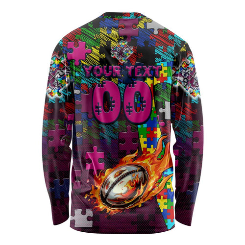 Sea Eagles Autism Awareness Long Sleeve Shirt Puzzle Flames Rugby Ball