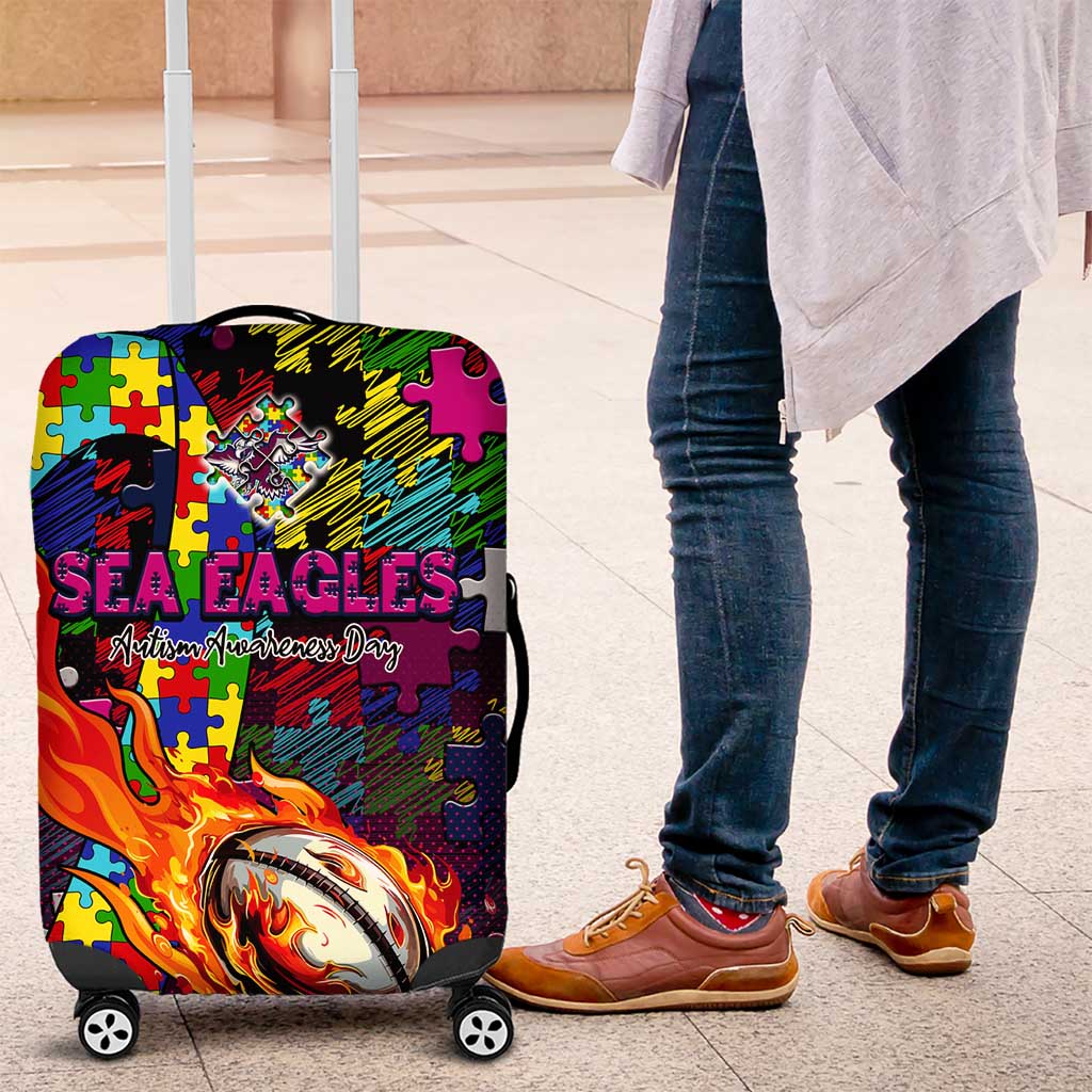 Sea Eagles Autism Awareness Luggage Cover Puzzle Flames Rugby Ball
