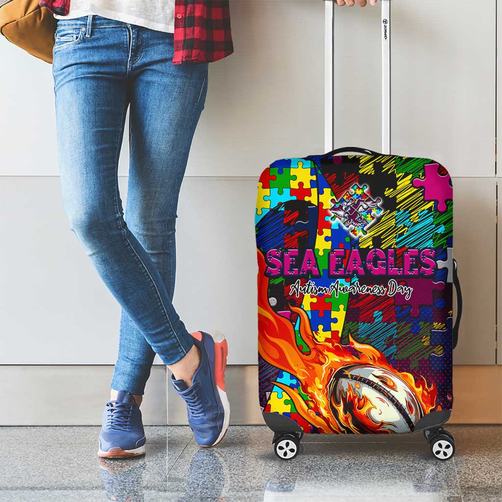 Sea Eagles Autism Awareness Luggage Cover Puzzle Flames Rugby Ball