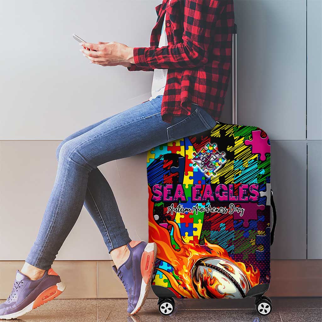 Sea Eagles Autism Awareness Luggage Cover Puzzle Flames Rugby Ball