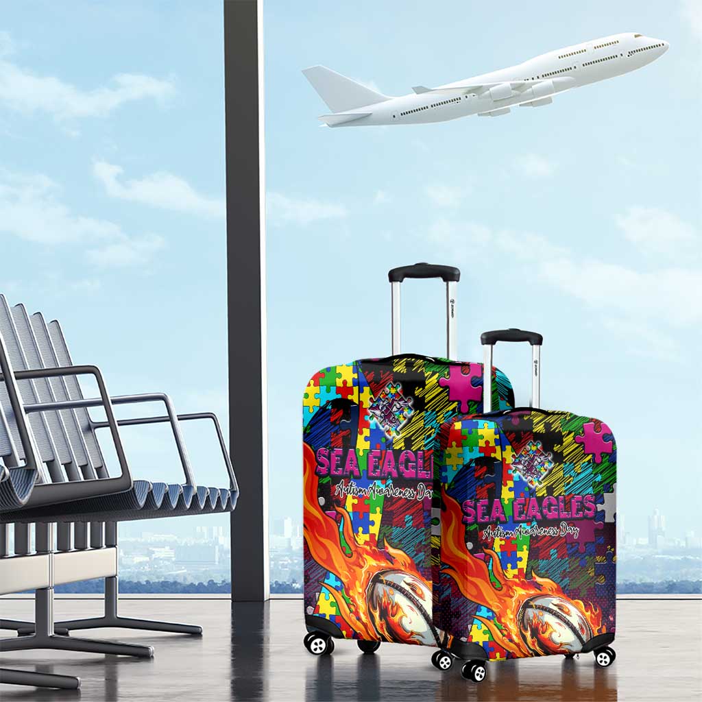 Sea Eagles Autism Awareness Luggage Cover Puzzle Flames Rugby Ball