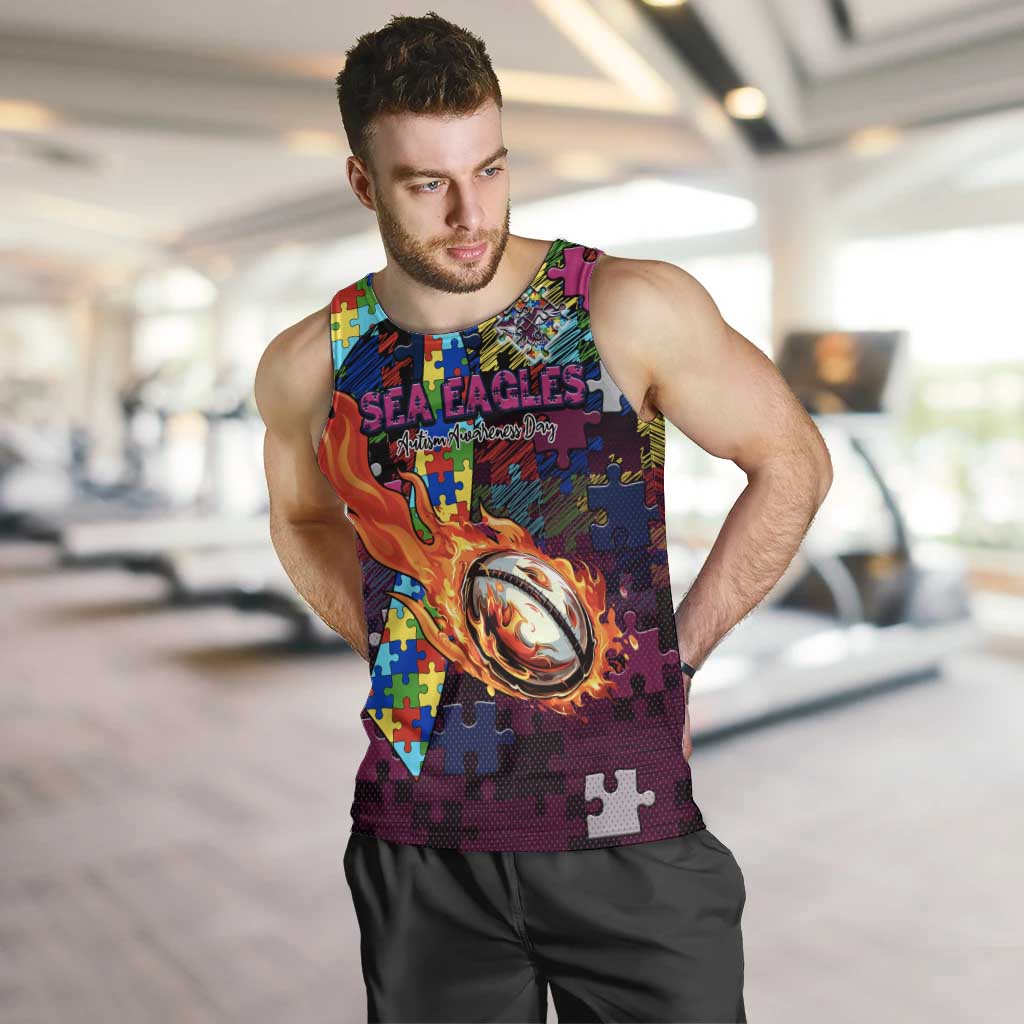 Sea Eagles Autism Awareness Men Tank Top Puzzle Flames Rugby Ball