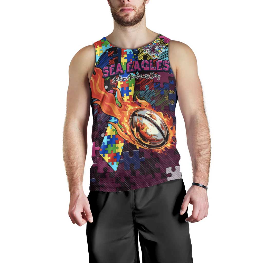 Sea Eagles Autism Awareness Men Tank Top Puzzle Flames Rugby Ball