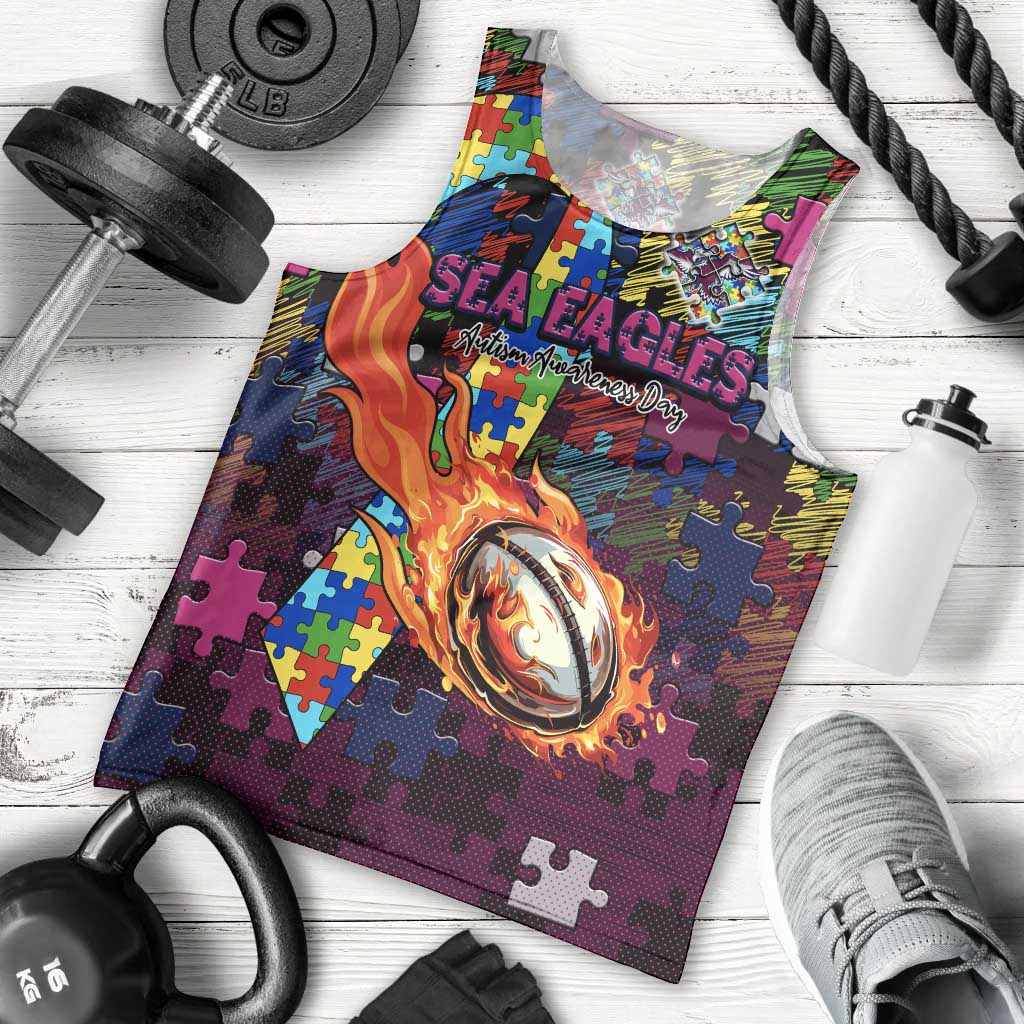 Sea Eagles Autism Awareness Men Tank Top Puzzle Flames Rugby Ball