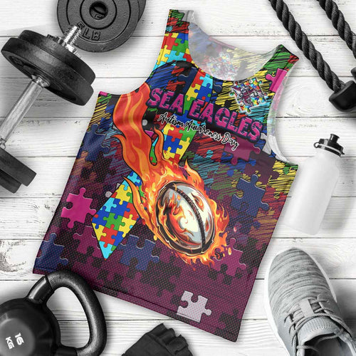 Sea Eagles Autism Awareness Men Tank Top Puzzle Flames Rugby Ball