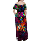 Sea Eagles Autism Awareness Off Shoulder Maxi Dress Puzzle Flames Rugby Ball
