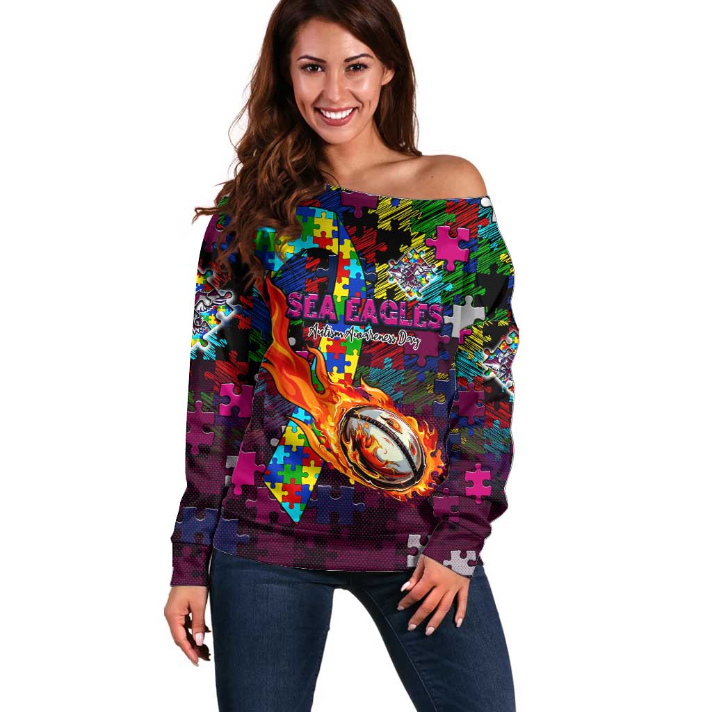 Sea Eagles Autism Awareness Off Shoulder Sweater Puzzle Flames Rugby Ball