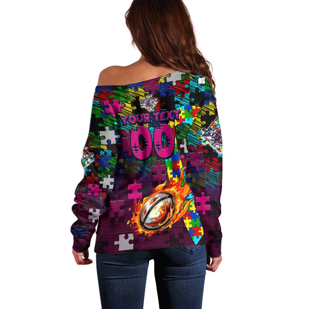 Sea Eagles Autism Awareness Off Shoulder Sweater Puzzle Flames Rugby Ball
