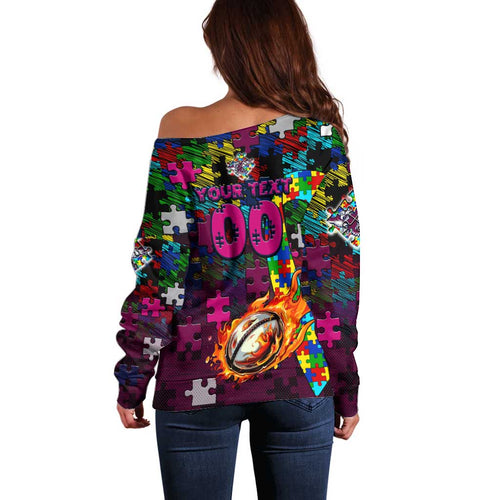 Sea Eagles Autism Awareness Off Shoulder Sweater Puzzle Flames Rugby Ball