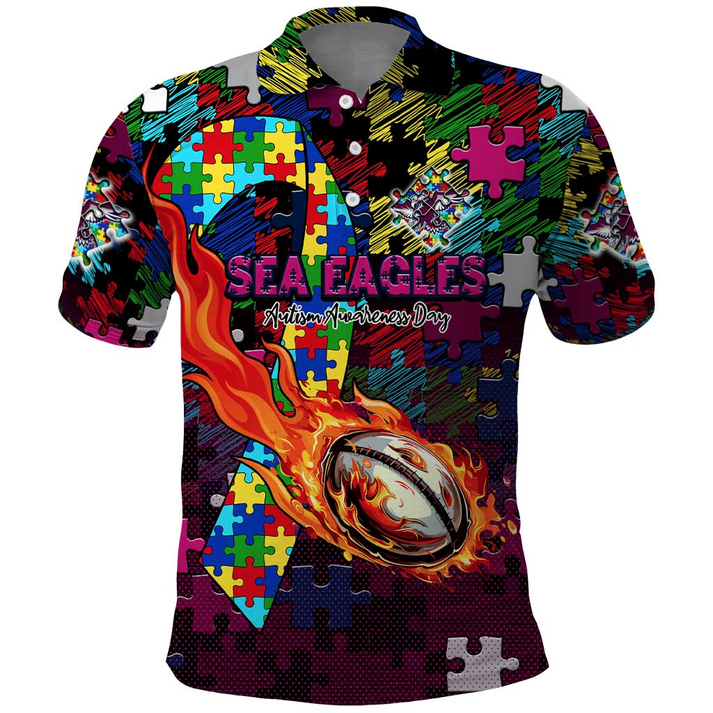 Sea Eagles Autism Awareness Polo Shirt Puzzle Flames Rugby Ball
