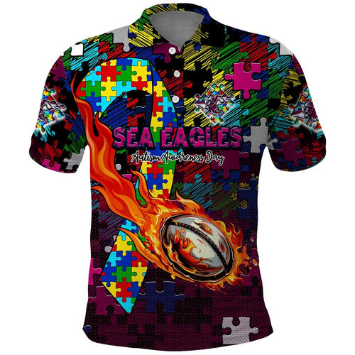 Sea Eagles Autism Awareness Polo Shirt Puzzle Flames Rugby Ball