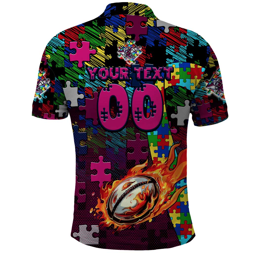 Sea Eagles Autism Awareness Polo Shirt Puzzle Flames Rugby Ball