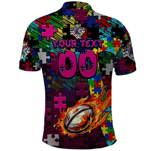 Sea Eagles Autism Awareness Polo Shirt Puzzle Flames Rugby Ball