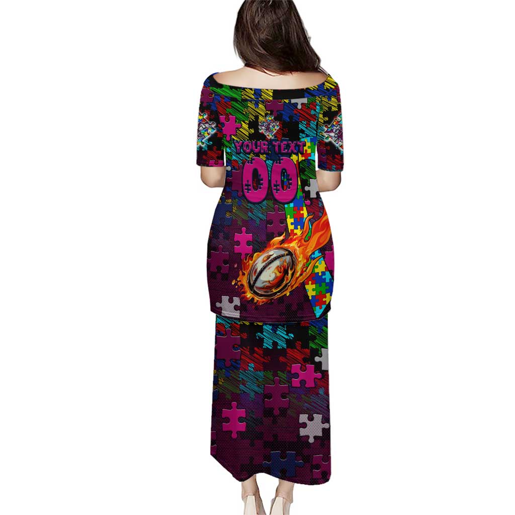 Sea Eagles Autism Awareness Puletasi Puzzle Flames Rugby Ball