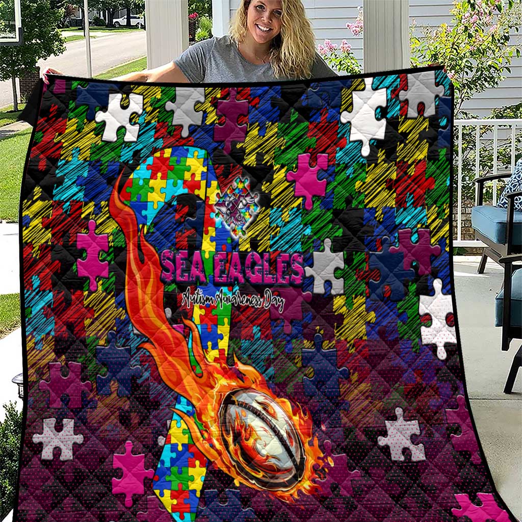 Sea Eagles Autism Awareness Quilt Puzzle Flames Rugby Ball