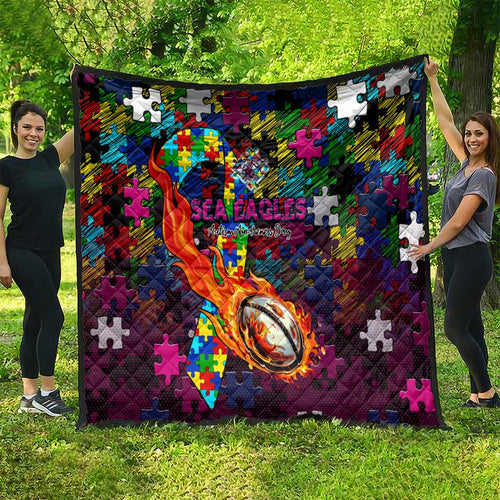 Sea Eagles Autism Awareness Quilt Puzzle Flames Rugby Ball