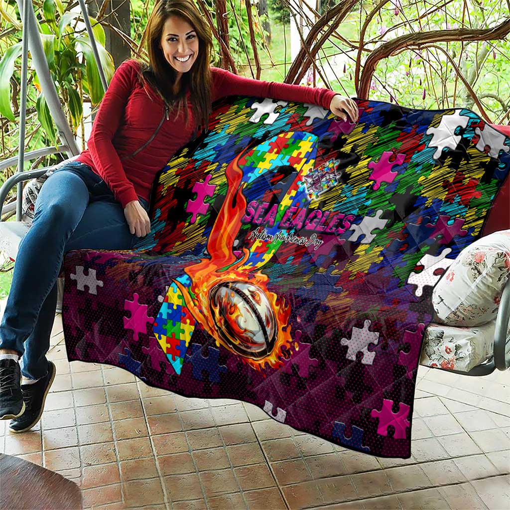 Sea Eagles Autism Awareness Quilt Puzzle Flames Rugby Ball