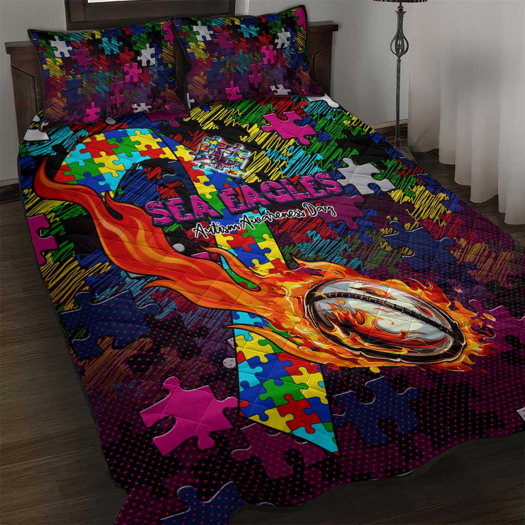 Sea Eagles Autism Awareness Quilt Bed Set Puzzle Flames Rugby Ball