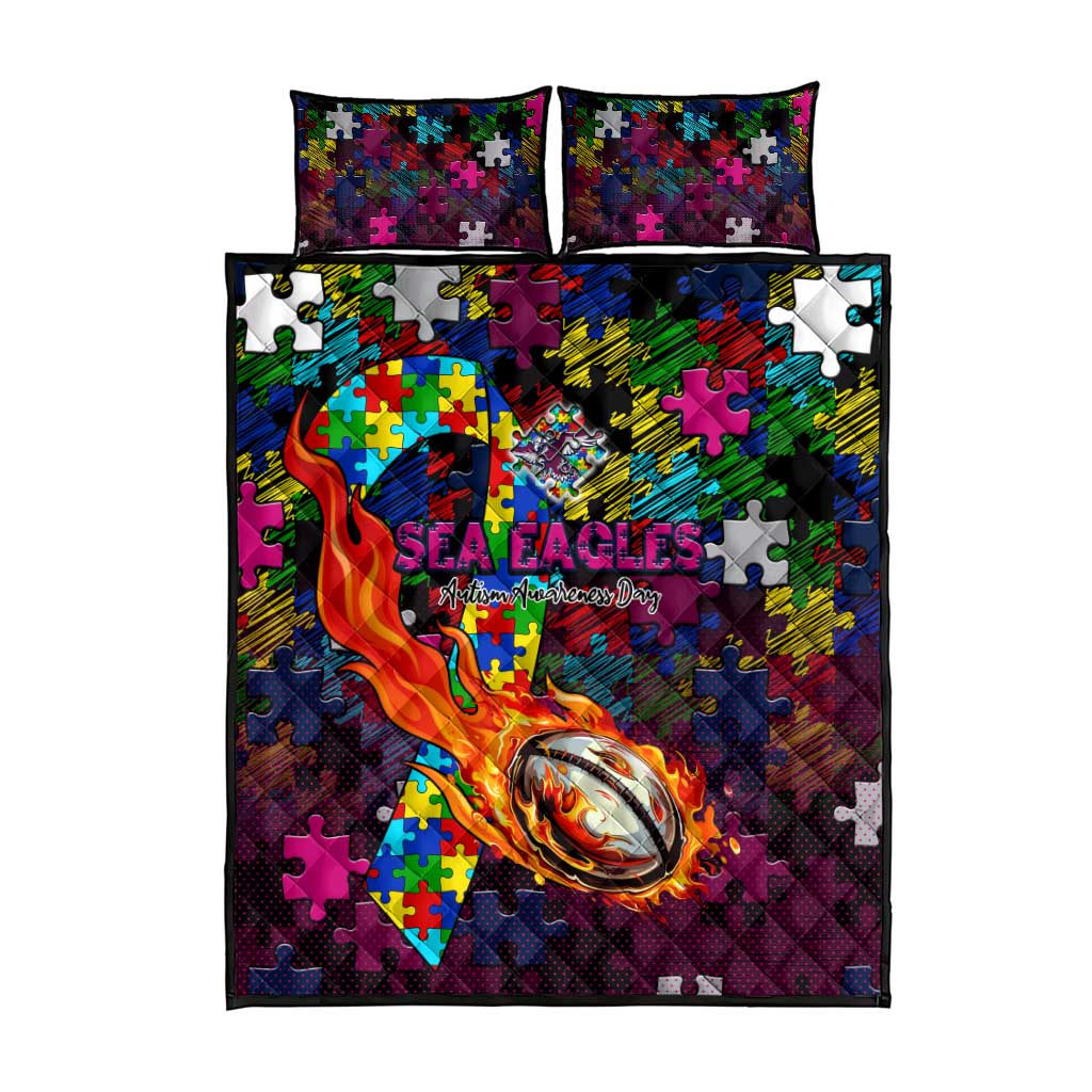 Sea Eagles Autism Awareness Quilt Bed Set Puzzle Flames Rugby Ball