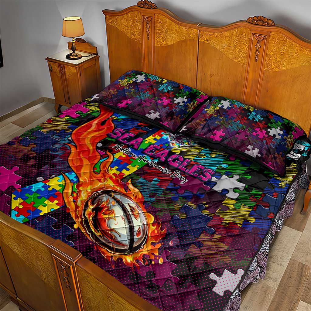 Sea Eagles Autism Awareness Quilt Bed Set Puzzle Flames Rugby Ball
