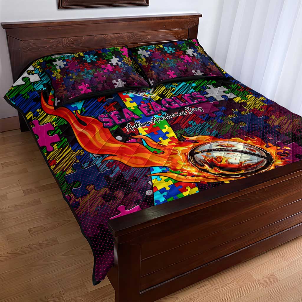 Sea Eagles Autism Awareness Quilt Bed Set Puzzle Flames Rugby Ball