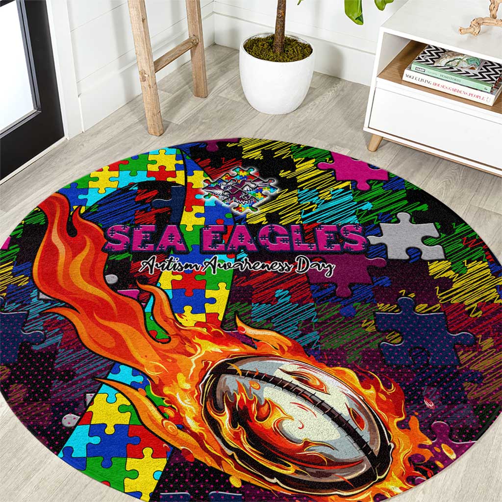 Sea Eagles Autism Awareness Round Carpet Puzzle Flames Rugby Ball