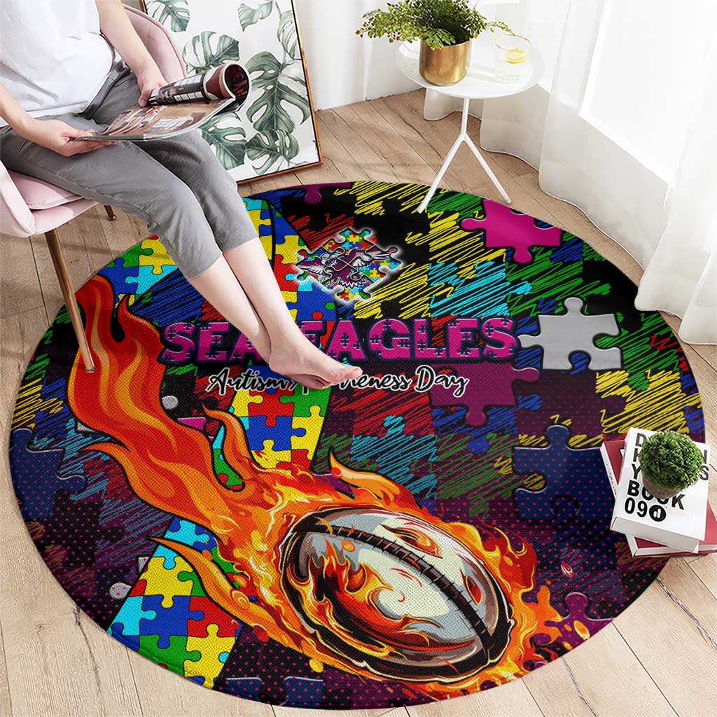 Sea Eagles Autism Awareness Round Carpet Puzzle Flames Rugby Ball