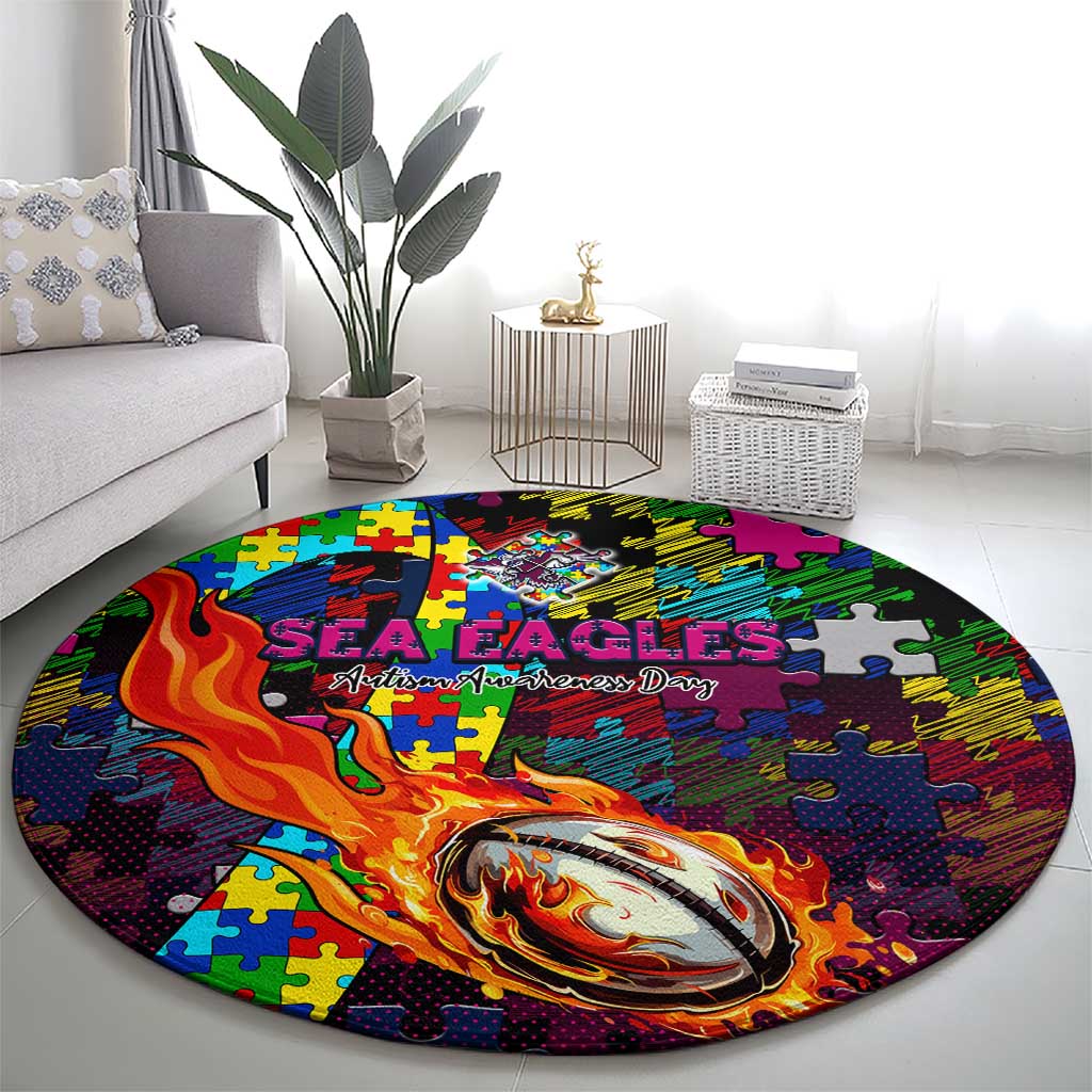 Sea Eagles Autism Awareness Round Carpet Puzzle Flames Rugby Ball