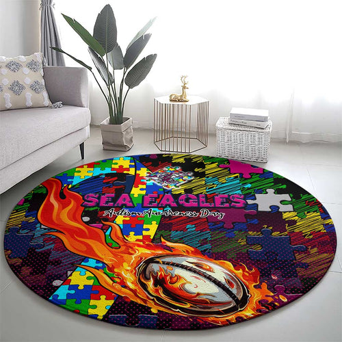 Sea Eagles Autism Awareness Round Carpet Puzzle Flames Rugby Ball