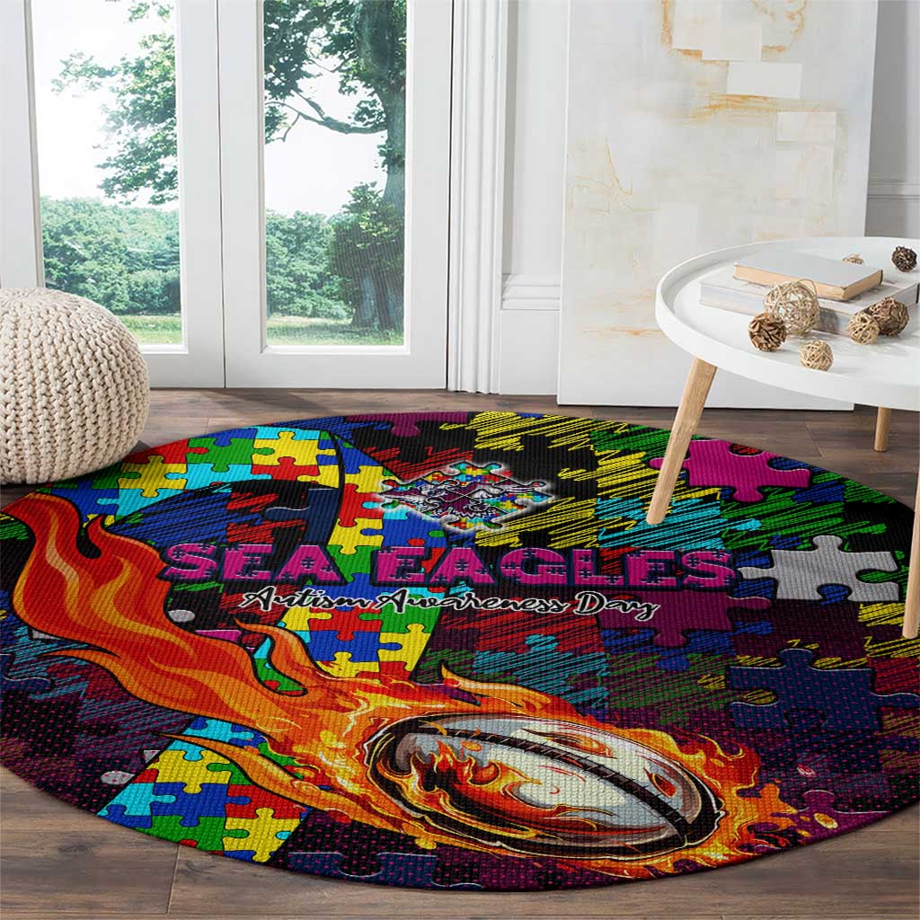 Sea Eagles Autism Awareness Round Carpet Puzzle Flames Rugby Ball