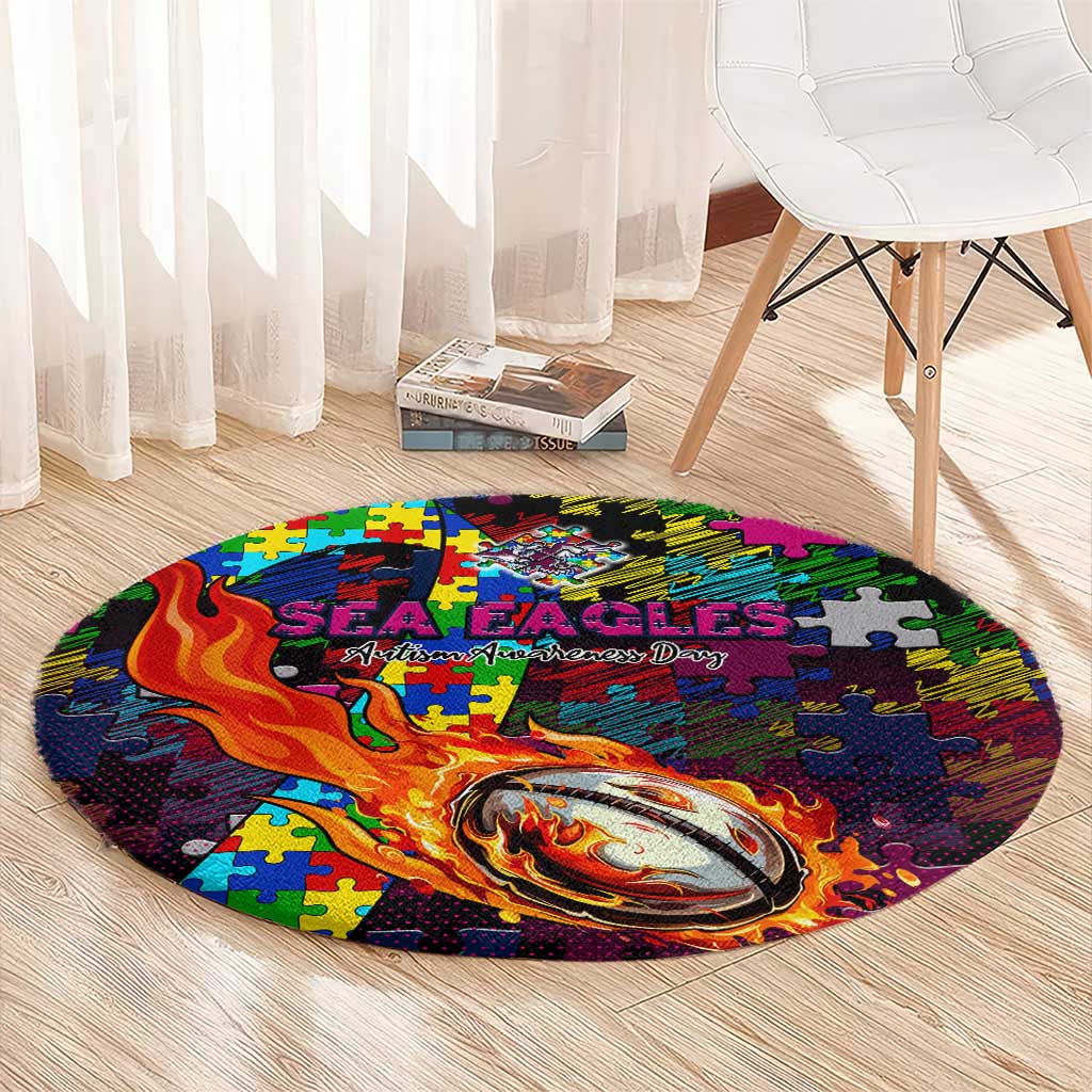Sea Eagles Autism Awareness Round Carpet Puzzle Flames Rugby Ball