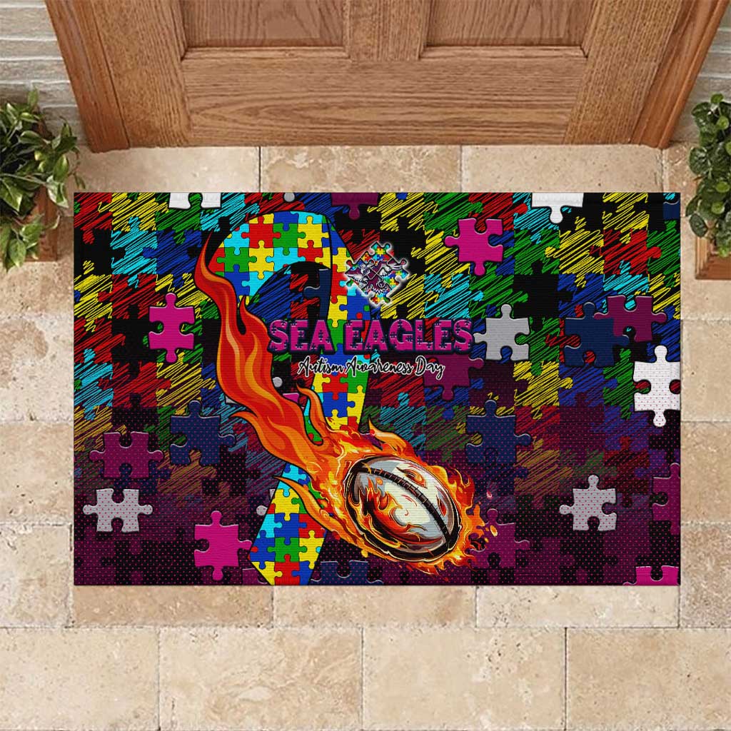 Sea Eagles Autism Awareness Rubber Doormat Puzzle Flames Rugby Ball