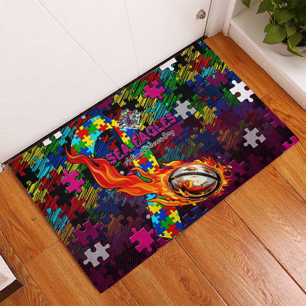 Sea Eagles Autism Awareness Rubber Doormat Puzzle Flames Rugby Ball